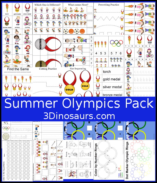 Free Summer Olympics Printables - over 100 pages of hands-on and no-prep activities for kids. You have vocab cards, clip cards, worksheets and more with summer sports themes and Olympic themes. - 3Dinosaurs.com