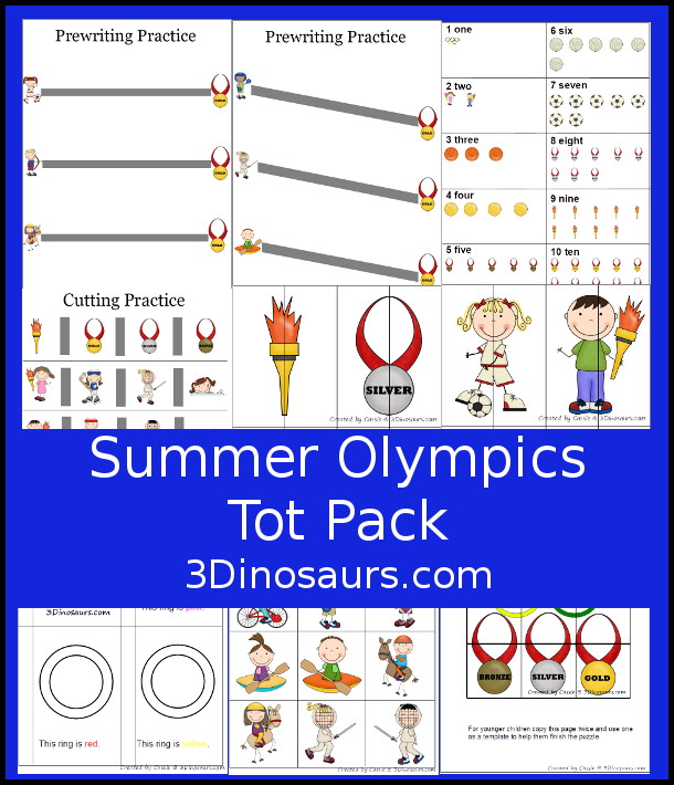 Free Summer Olympics Tot Printables - has 22 pages with matching cards, prewriting, color book, match cards and more - 3Dinosaurs.com