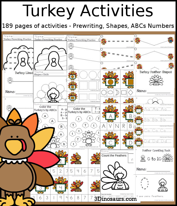 Turkey Activities Pack with Prewriting, Shapes, ABCs, and Numbers - 191 pages of activities with no-prep pages, clip cards and tracing strips to help with learning skills. A great addition to any Thanksgiving or fall theme you do. - 3Dinosaurs.com