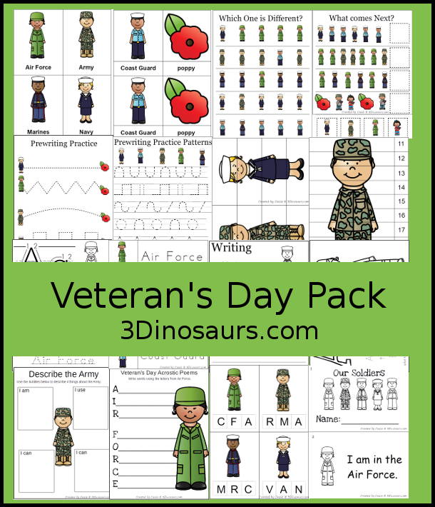 Free Veterans Day Pack  with puzzles, clip cards, tracing, writing, easy reader book, patterns - over 60 pages of activities - 3Dinosaurs.com