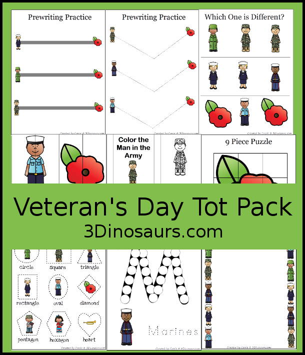 Free Veterans Day Pack  with prewriting, shapes, colors, puzzles, matching and dot marker letters - 30 pages of activities - 3Dinosaurs.com