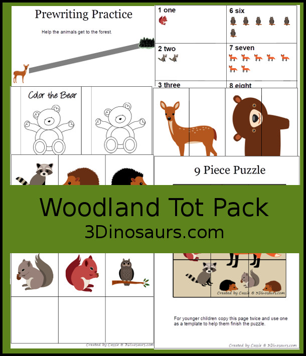 Free Woodland Pack: Tot & Preschool- a mix of hands-on activities and no-prep printables to explore animals from the woodlands or forest. These are fun activities to use with a mix of ages with 13 pages of printables - 3Dinosaurs.com