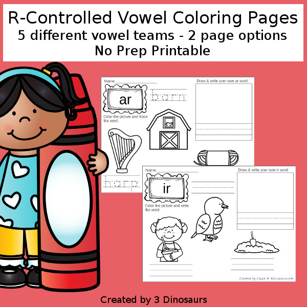 R-Controlled Vowels Coloring Pages - ar, er, ir, or, ur words with 2 options for each page - 3Dinosaurs.com