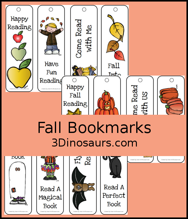 Free Fall Bookmarks for Kids - with 12 bookmarks to use for fall with apples, leaves, pumpkins and Halloween - 3Dinosaurs.com