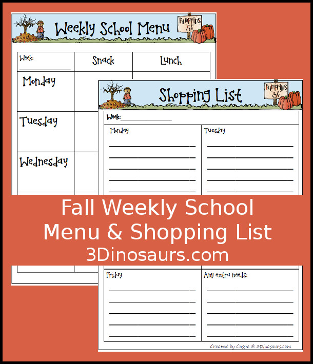 Free Fall Themed Weekly School Menu - a fun printable to help kids keep track of what they are eating - 3Dinosaurs.com