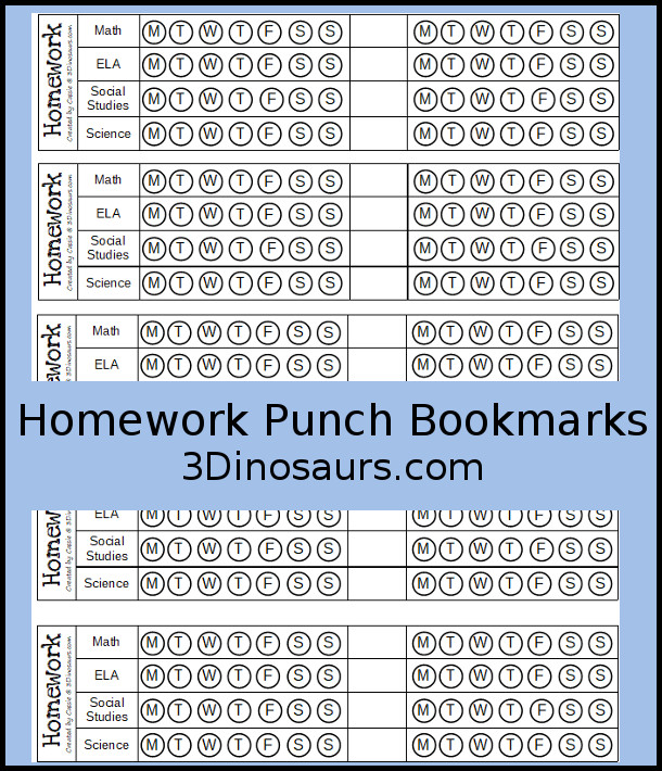 Free Homework Punch Bookmarks with homework ELA, math, social studies and science and 4 write in - 3Dinosaurs.com