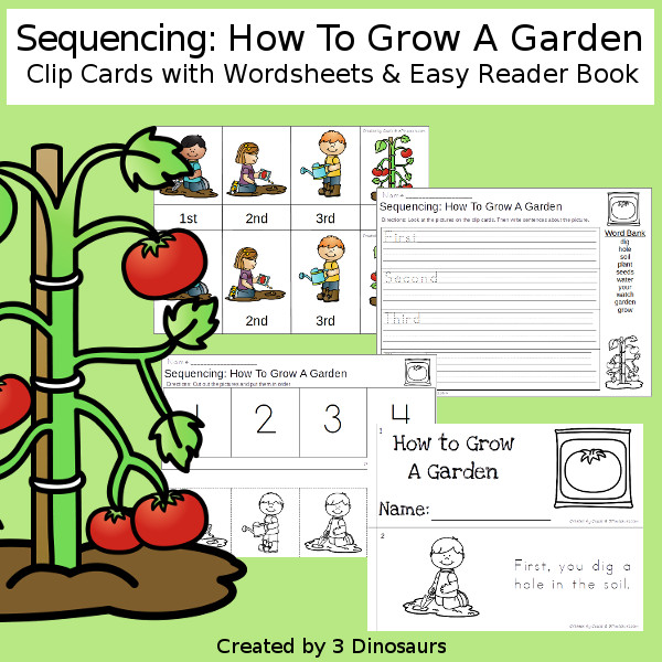 Sequencing: How To Plant A Garden with clip cards, task cards, no-prep worksheets and easy reader books $ - 3Dinosaurs.com #printablesforkids #sequencingforkids  #springprintables #tpt #teacherspayteachers