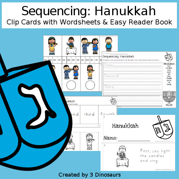 Hanukkah Sequencing Set with easy reader book, clip cards, order of event cards, writing and cut and paste pictures. A great way to tell the order of events of Hanukkah - 3Dinosaurs.com