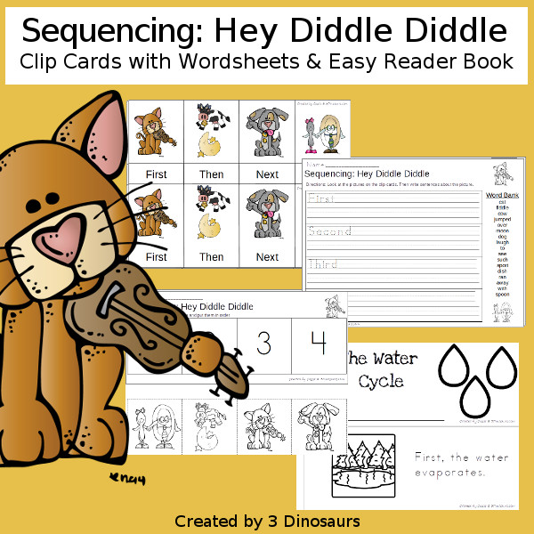 Sequencing: Hey Diddle Diddle with clip cards, task cards, no-prep worksheets and easy reader books $ - 3Dinosaurs.com #printablesforkids #sequencingforkids  #tpt #teacherspayteachers