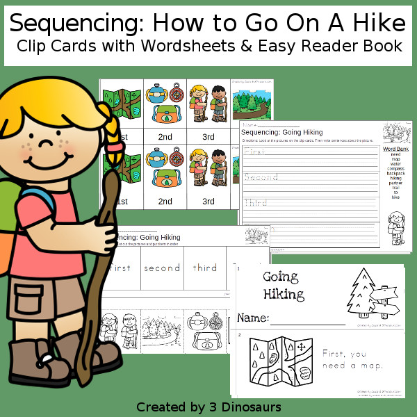 Sequencing: How To Go On A Hike with clip cards, task cards, no-prep worksheets and easy reader books $ - 3Dinosaurs.com #printablesforkids #sequencingforkids  #summerprintables #tpt #teacherspayteachers