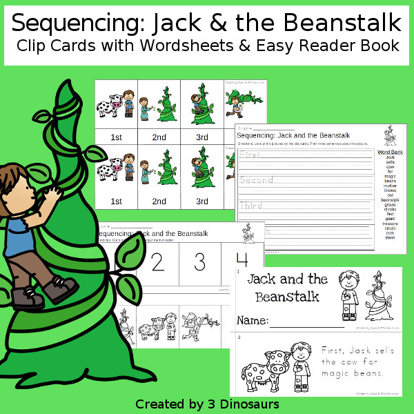 Sequencing: Jack & the Beanstalk with clip cards, task cards, no-prep worksheets and easy reader books $ - 3Dinosaurs.com #printablesforkids #sequencingforkids  #tpt #teacherspayteachers