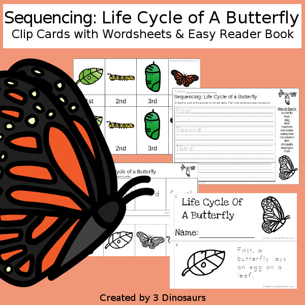 Sequencing: Life Cycle of a Butterfly with clip cards, task cards, no-prep worksheets and easy reader books $ - 3Dinosaurs.com #printablesforkids #sequencingforkids #earthday #springprintables #tpt #teacherspayteachers