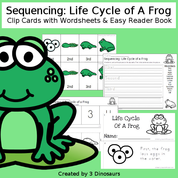 Sequencing: Life Cycle of a Frog with clip cards, task cards, no-prep worksheets and easy reader books $ - 3Dinosaurs.com #printablesforkids #sequencingforkids #earthday #springprintables #tpt #teacherspayteachers