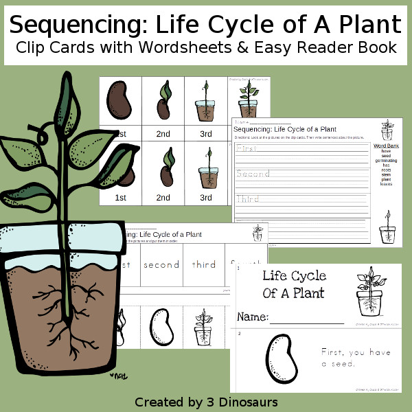 Sequencing: Life Cycle of A Plant with clip cards, task cards, no-prep worksheets and easy reader books $ - 3Dinosaurs.com #printablesforkids #sequencingforkids #lifecycle #plants #springprintables #tpt #teacherspayteachers