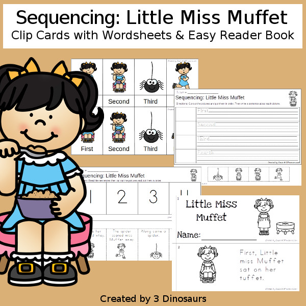 Sequencing: Little Miss Muffet with clip cards, task cards, no-prep worksheets and easy reader books $ - 3Dinosaurs.com #printablesforkids #sequencingforkids  #tpt #teacherspayteachers