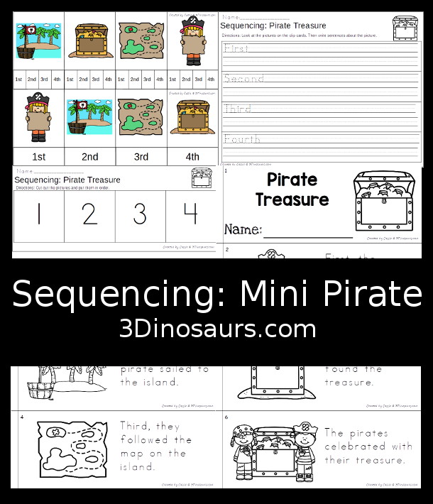 Free Pirate Sequencing Mini Printable - a fun sequencing set with writing, order of event cards, clip cards, easy reader book and cut and paste. All that work great together - 3Dinosaurs.com