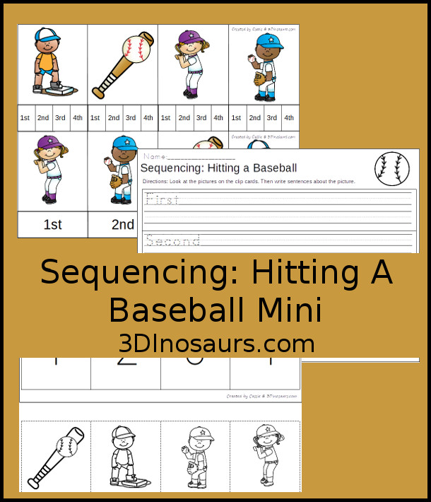 Free Hitting a Baseball Mini Sequencing: - 4 clip cards, 3 part cards, sequencing cut and paste, and a writing page - 3Dinosaurs.com