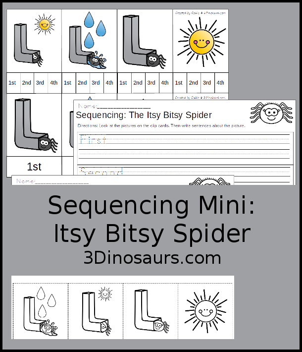 Free Sequencing Mini: Itsy Bitsy Spider: - 4 clip cards, 3 part cards, sequencing cut and paste, and a writing page - 3Dinosaurs.com