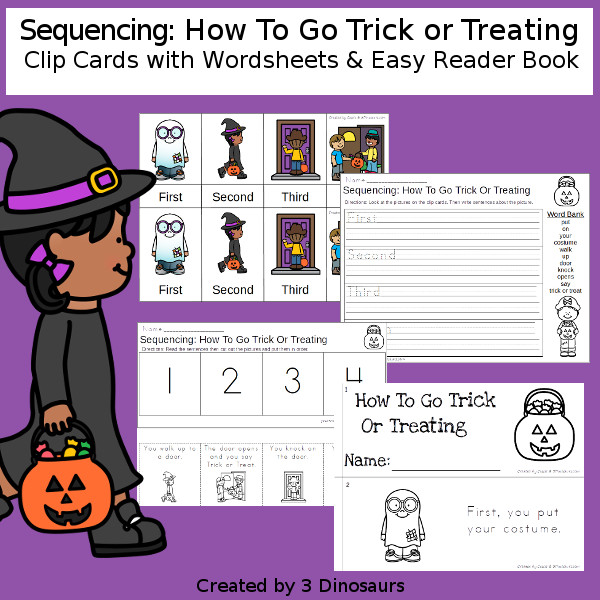 Sequencing: How To Go Trick Or Treating with clip cards, task cards, no-prep worksheets and easy reader books $ - 3Dinosaurs.com #printablesforkids #sequencingforkids #halloween #fourseasons #tpt #teacherspayteachers