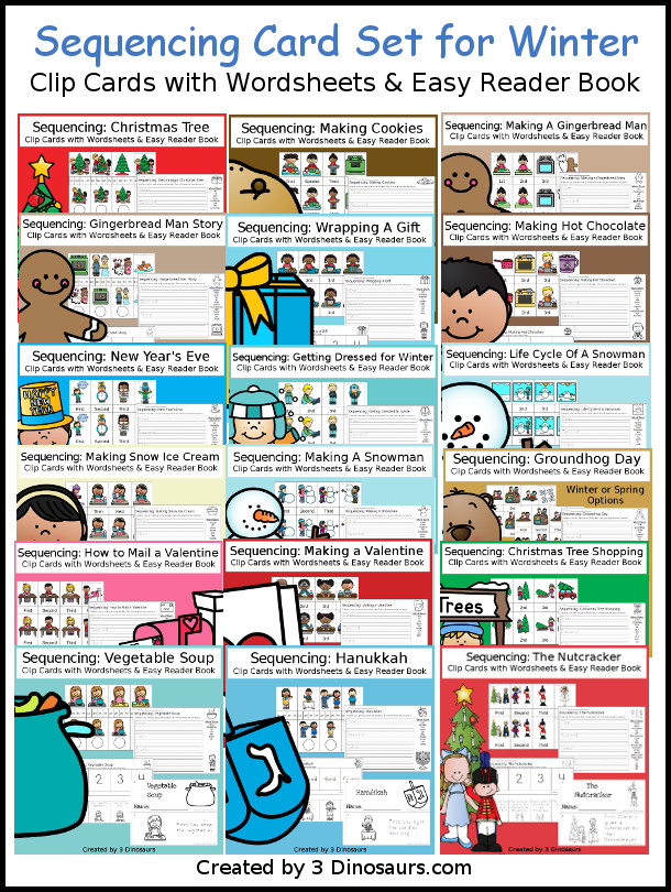 Sequencing Cards Set for Winter - 18 different sets in a growing bundle with clip cards, task cards, no-prep worksheets and easy reader books $ - 3Dinosaurs.com #printablesforkids #sequencingforkids #groundhogday #newyearseve #christmas #winterprintables #tpt #teacherspayteachers