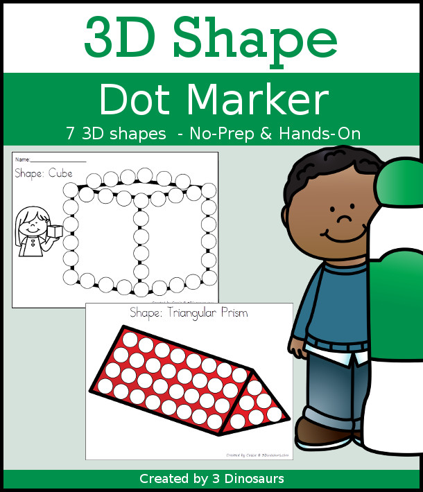 3D Shape Dot Marker Selling Set with 7 shapes for kids to learn with in two options of pages - 3Dinosaurs.com