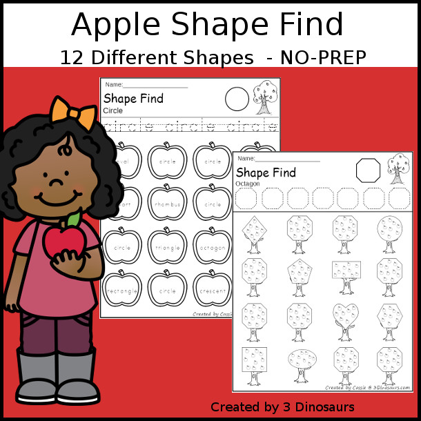 Apple Shape Find Printable with shape shapefind on the apples and tree shapes with tracing for 11 shape words- 3Dinosaurs.com