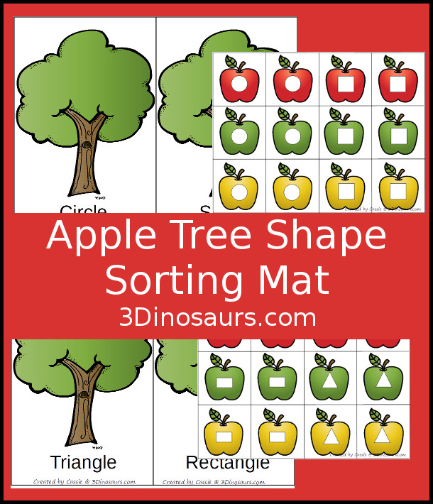 Free Fun Hands-On Apple Three Shape Sorting - circle, square, retangle and triangle with a fun apple theme - 3Dinosaurs.com