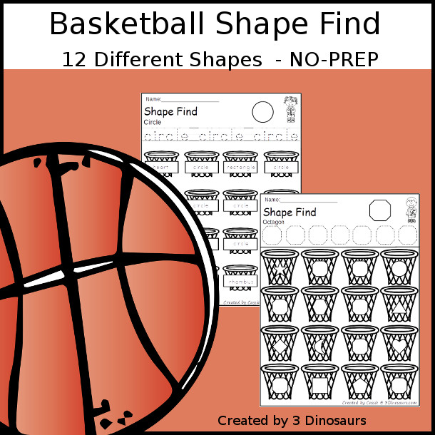 Basketball Shape Find For Kids with 11 shapes for kids to trace and then find with shape word find and geometric shape find. Each is a great no-prep shape worksheet - 3Dinosaurs.com