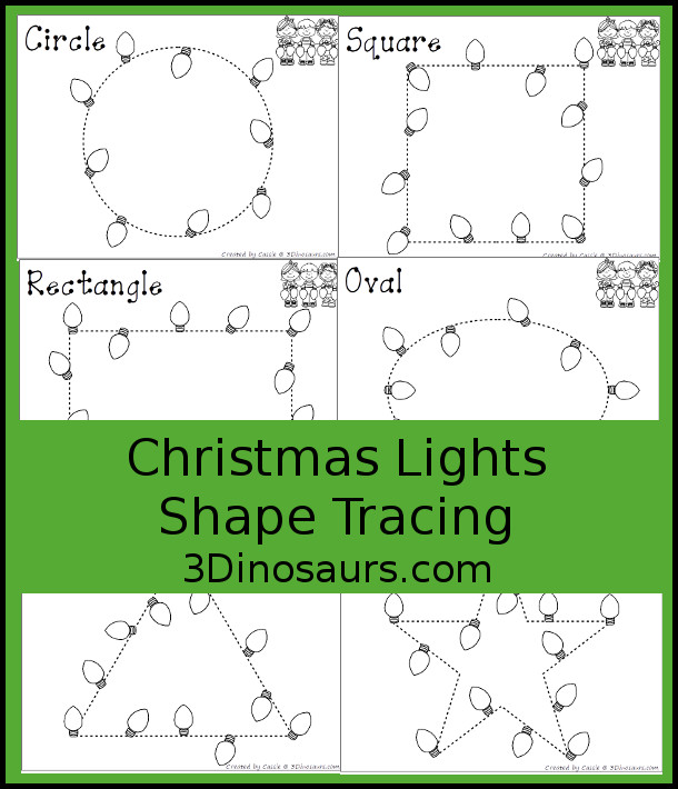 Christmas Lights Shape Tracing - 9 shapes for kids to work on with a fun Christmas theme - 3Dinosaurs.com