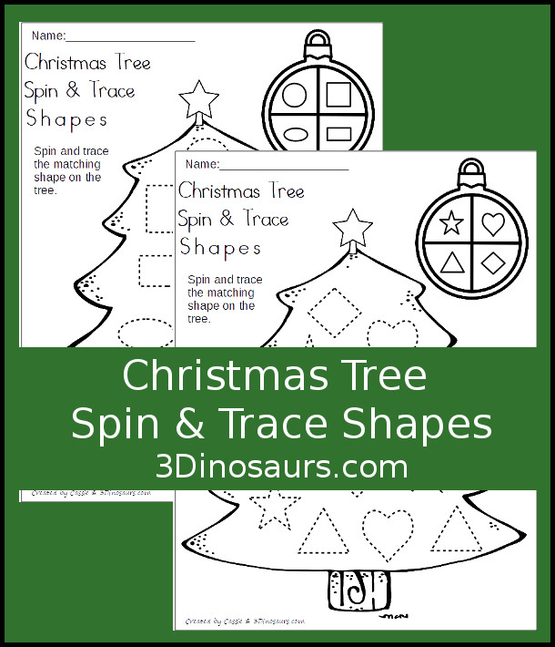 Free Christmas Tree Spin & Trace Shapes - 2 pages of no-prep printables for kids to work on tracing shapes - 3Dinosaurs.com #freeprintable #shapesforkids #christmasprintables