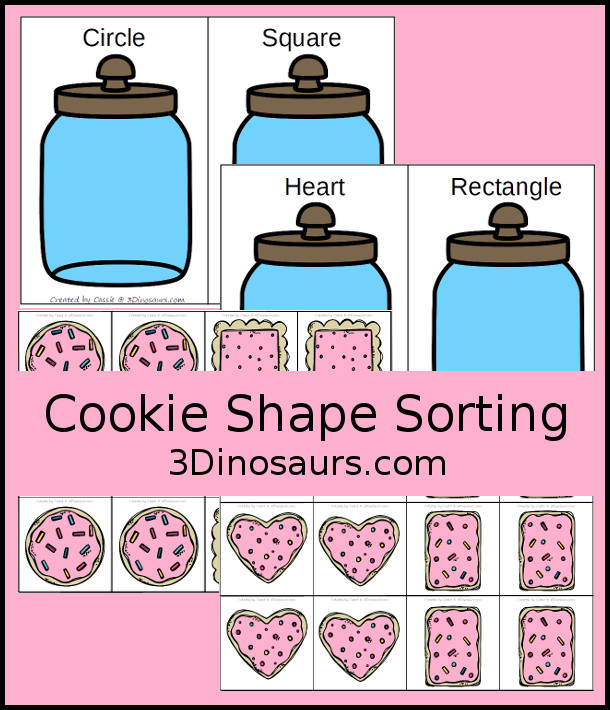 Free Cookie Shape Sorting - sorting circle, square, heart and rectangle shapes with kids with 6 shape cookies to sort for each shape - 3Dinosaurs.com