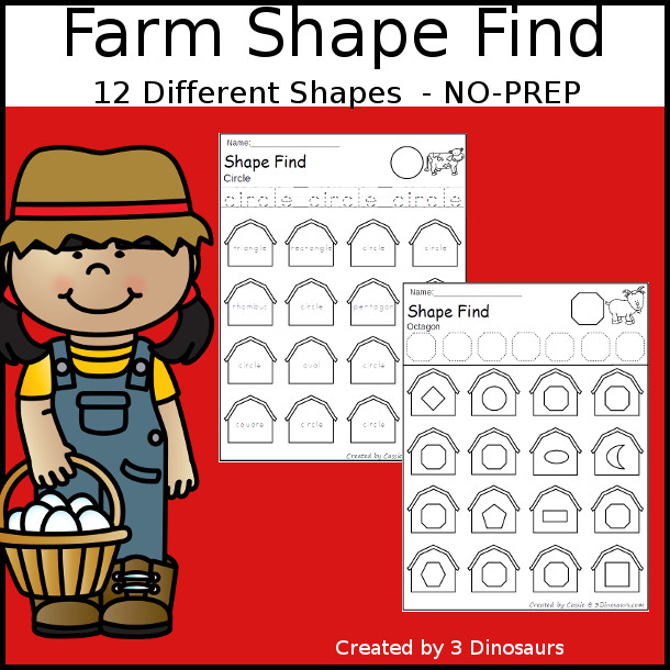 Farm Shape Find Printable with shape find on the barns with tracing for 11 shapes and shape words- 3Dinosaurs.com