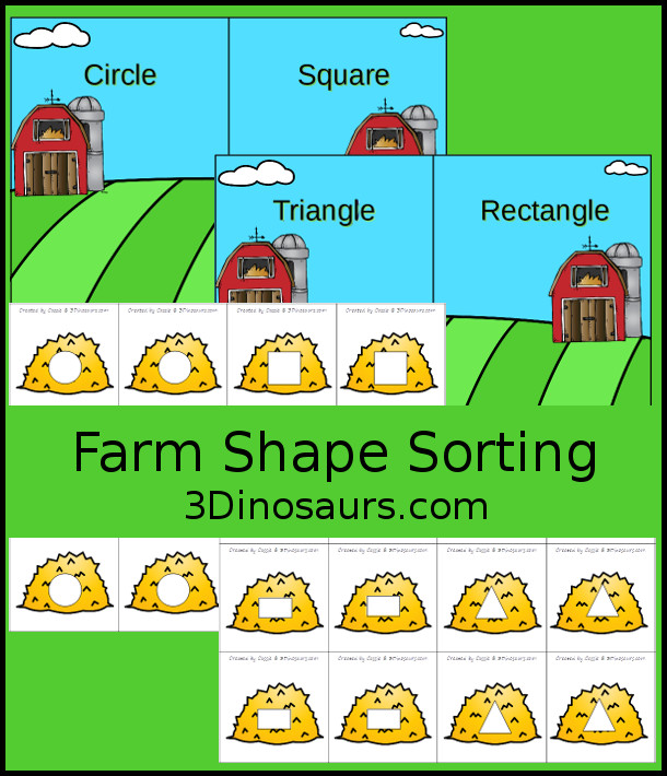 Free Farm Shape Sorting - circle, square, rectangle and triangle with a fun farm theme - 3Dinosaurs.com