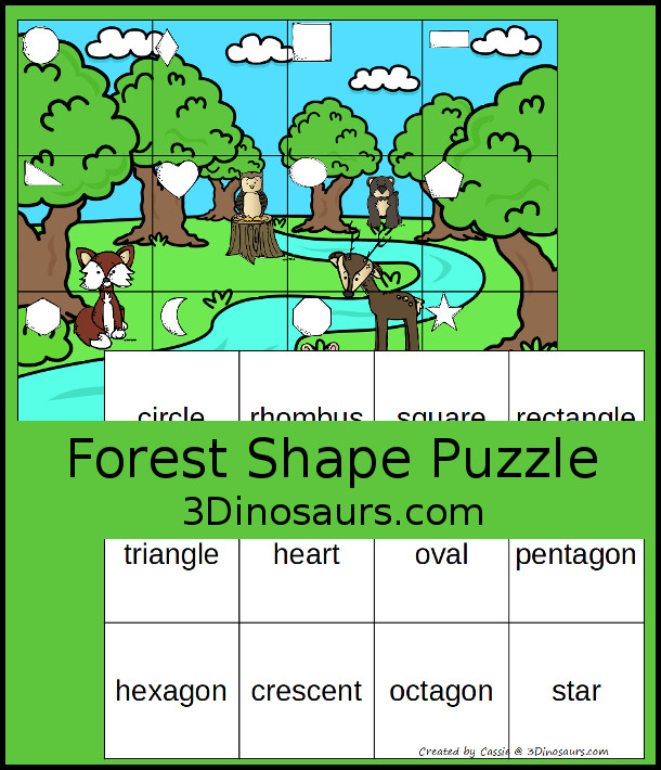 Free Forest Shape Puzzles for kids with matching geometric shape to the shape word on the mat. A great shape and forest printable for kids learning shapes. - 3Dinosaurs.com