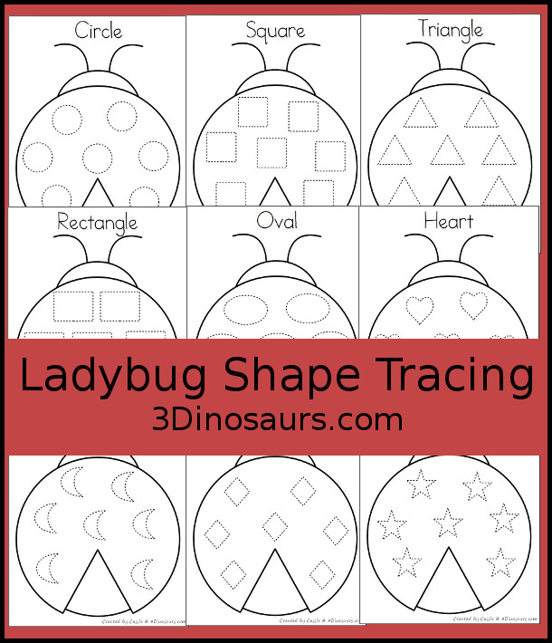 Free Ladybug Shape Tracing Printable - with 9 shapes for kids to trace on the back on the ladybug. A great shape fine motor activity for kids. - 3Dinosaurs.com