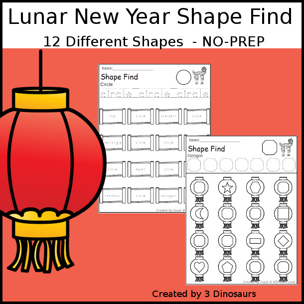 Lunar New Year Shape Find with shape word and geometric shapes for kids to trace and then find on the lanterns or scrolls - 3Dinosaurs.com