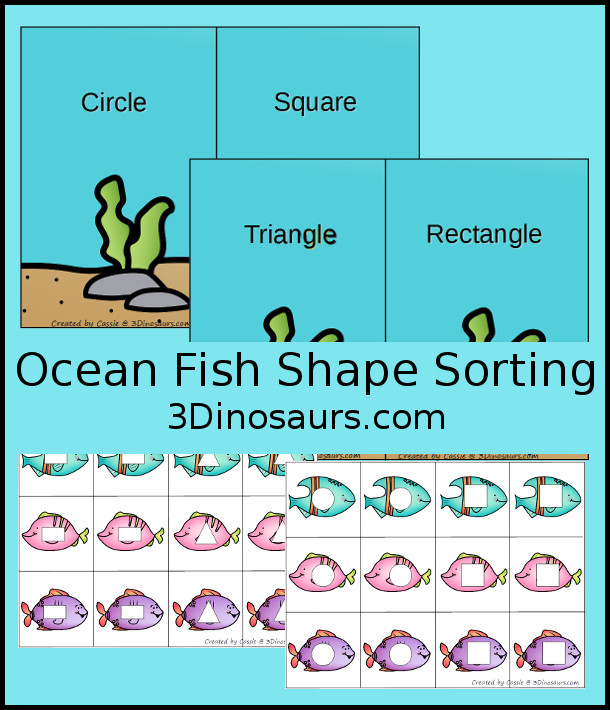 Free Ocean Themed Shape Sorting for circle, square, rectangle and triangle - 3Dinosaurs.com