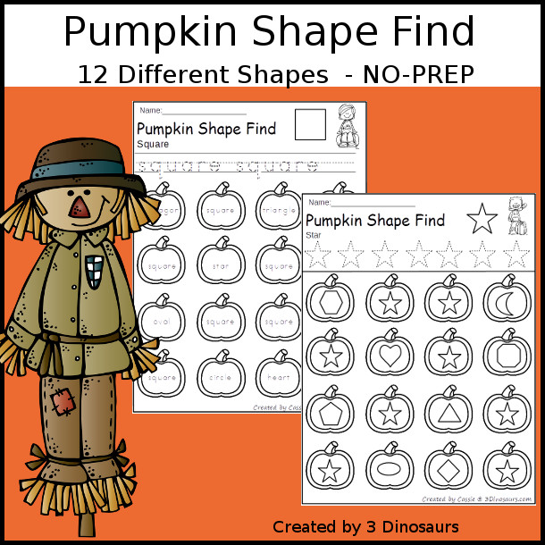 Pumpkin Themed Shape Find: shape and shape word with tracing $ - 3Dinosaurs.com