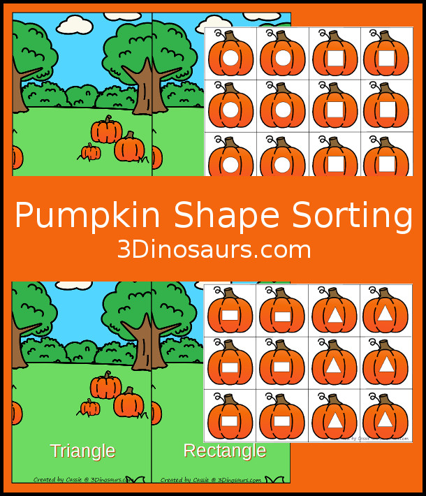 Free Fun Hands-On Pumpkin Shape Sorting - circle, square, retangle and triangle with a fun pumpkin theme - 3Dinosaurs.com