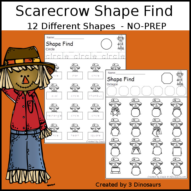 Scarecrow Themed Shape Find: shape and shape word with tracing $  with 12 shapes for kids to find - 3Dinosaurs.com