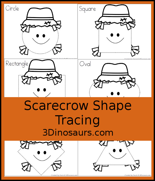 Free Scarecrow Shape Tracing Printable with 9 shapes to trace with a fun scarecrow face theme - 3Dinosaurs.com