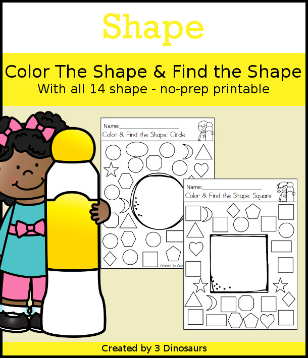 Shape: Color the Shape & Find the Shape - a fun shape find with color the shape in the middle and find the shape around the shape for a great shape find worksheet - 3Dinosaurs.com