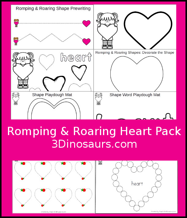 Free Romping & Roaring Heart Pack - 10 pages of activities - 3Dinosaurs.com