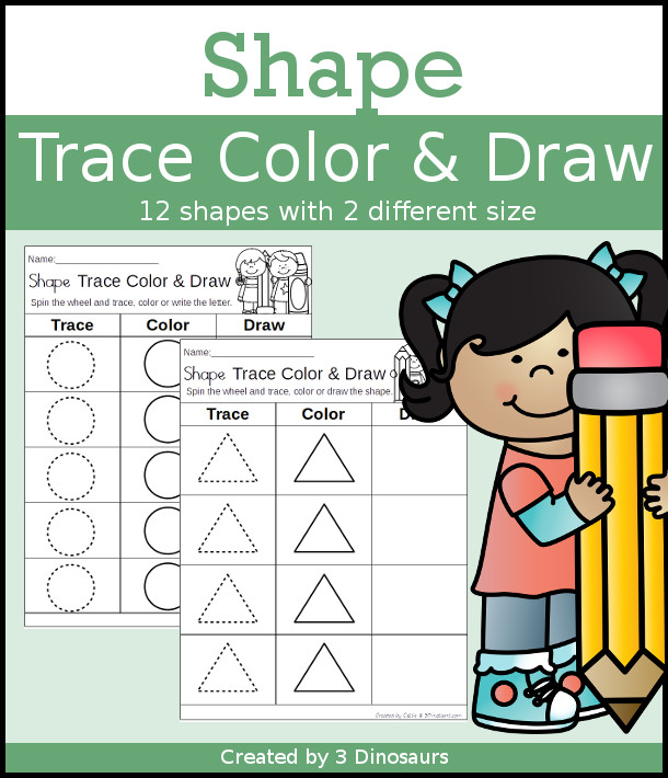 Shape Trace Color & Draw - 11 shapes in two sizes for kids to work on their shapes - 3Dinosaurs.com