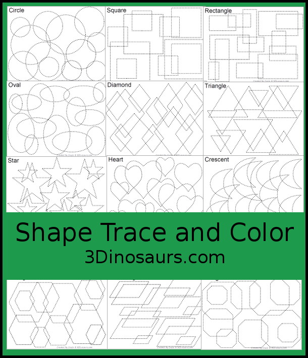 FREE Shape Trace & Color Printables - a mix of the shapes on the pages to trace and then color. it has 12 shapes for kids to trace and color. - 3 Dinosaurs