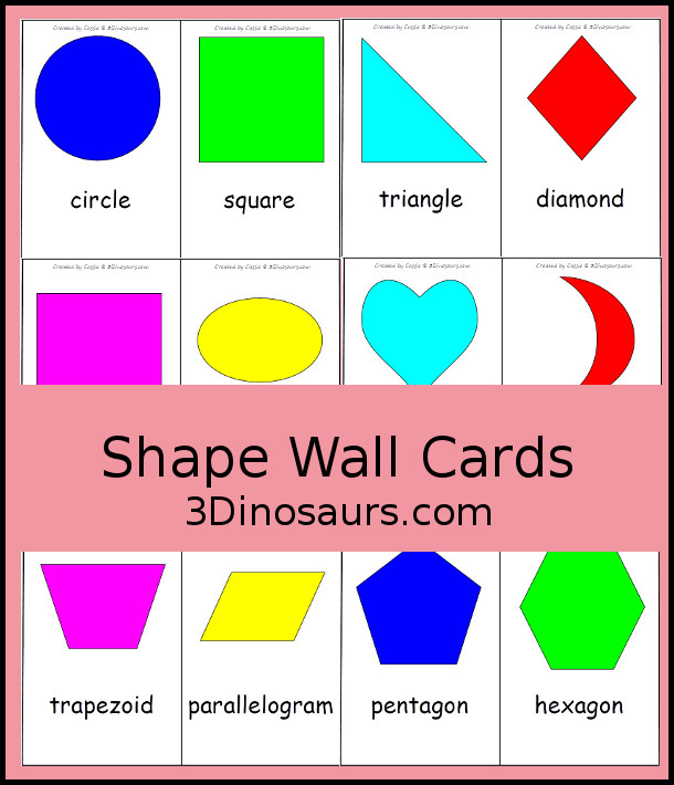 Shape Wall Cards - with 12 shapes for kids to learn and easy to use to learn geometric shape and shape name - 3Dinosaurs.com