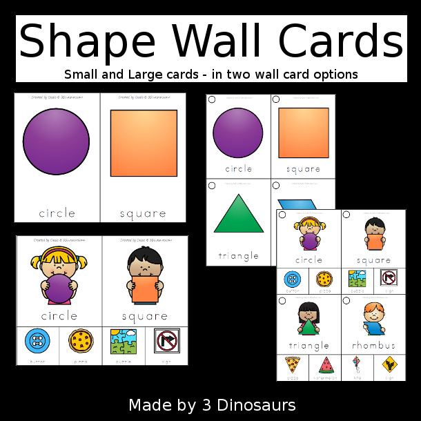 Shape Wall Card Set - with 12 shapes for kids to learn and easy to use to learn geometric shape and shape name with two options of wall cards and two sizes of wall cards - 3Dinosaurs.com