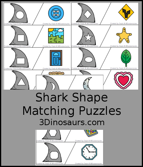 Free Shark Shape Matching Puzzles with 12 shapes with a shark fin shape and a matching picture of the shape. - 3Dinosaurs.com