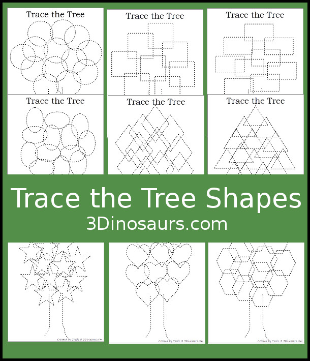 Free Tree Shape Trace and Color - 12 pages to trace and color that works great for all seasons - 3Dinosaurs.com #finemotor #shapesforkids