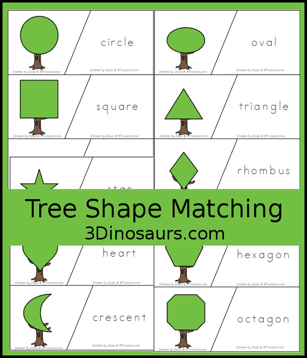 Free Tree Shape Matching Cards - 12 shape matching cards for kids to use with tree made from shapes - 3Dinosaurs.com